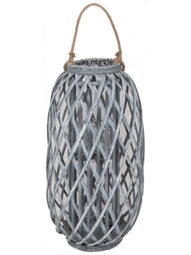 GREY WOVEN LANTERN WITH ROPE HANDLE 49CM