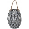 GREY WOVEN LANTERN WITH ROPE HANDLE 33CM