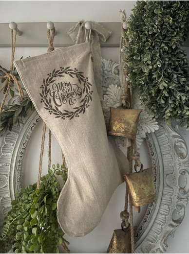Linen Christmas Stocking with Wreath & Merry Christmas