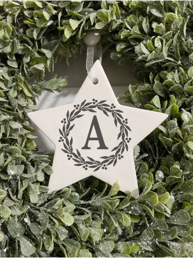 Personalised Ceramic Star Christmas Decoration Wreath Initial